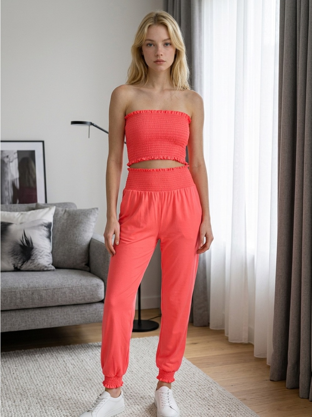 NWT Zenana Women’s  2 Piece Smocked Tube Top & Joggers Set Coral Pink - Size XS